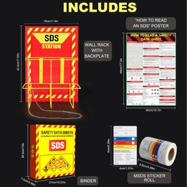 MSDS SDS Binder and Wall Station,Yellow Heavy Duty 3 Inch Material Safety Data Sheet 3 Ring Binder with SDS Wire Rack and Display Sign,Chain,Safety Posters,MSDS Labels,Binder Wall Mount