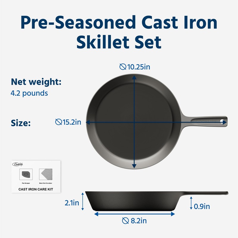 COOKLIFE 10 Inch Lightweight Pre-Seasoned Cast Iron Skillets with Handle