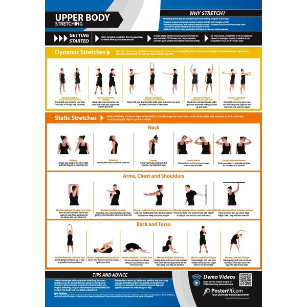 Upper Body Stretching | Dynamic & Static Stretches | Laminated Home & Gym Poster | FREE Online Video Training Support | Size - 841mm x 594mm (A1) | Improves Personal Fitness & Flexibility
