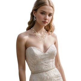 BriLove Women's Bohemian Boho Crystal Teardrop Freshwater Cultured Pearl Handmade Filigree Flower Statement Necklace Dangle Earrings Set Clear Gold Tone