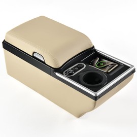 Coverado Universal Car Center Console with Wireless Charging & Cup Holder, Back Seat Organizers, Rear Bench Seat Central Armrest Box with Storage, for Most Vehicles, Easy Install, Beige