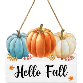 Fall Door Decor Blue Orange Pumpkin Wall Decor Hello Fall Sign Wooden Front Door Hanger Pumpkin Hanging Sign for Autumn Thanksgiving Harvest Farmhouse Porch Indoor Outdoor Home Decorations