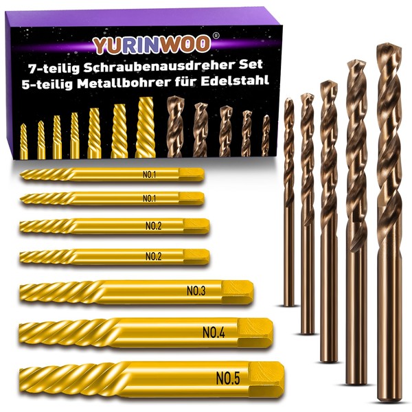 12Pcs Titanium-Plated Screw Extractor & HSS Cobalt Drill Bit Set,