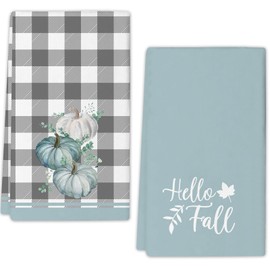 JOOCAR Blue Pumpkin Hello Fall Kitchen Towels Dish Towels Set of 2, 16x27 Inch Seasonal Autumn Drying Dishcloth, White and Grey Buffalo Plaid Decoration Hand Towels