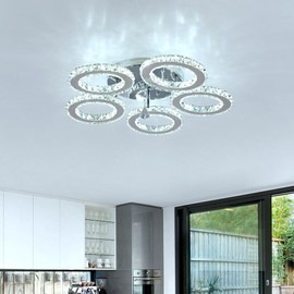 Deckrico Crystal Chandelier Modern LED 5-Rings Light Fixtures Flush Mount Stainless Steel Pendant Ceiling Lamp for Living Room Bedroom Restaurant Porch Dining Room (Cool White)