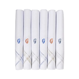 Caruso Italy Men's Initial Monogram Embroidery 100% Pure Cotton Handkerchief White Base With Colored Border - Pack Of 6, G, 46