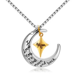 POWER WING Mom I Love You to the Moon and Back Necklace Moon&Star Pendant Birthday Presents for Mother from Daughter Son 18" Box Chain