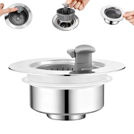 Sink Drain Strainer - Sink Stopper Drain, 3 in 1 Kitchen Stainless Steel Drain Plug with Anti-Clog Basket, Pop-Up Cover - Fit 2.75-3.15 Inch Sink Hole, Kitchen Gadgets Sink Accessories