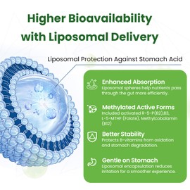 Liposomal B Complex for High Absorption Methylated B12,L-Methyfolate(5-MTHF ),Full Active B Vitamins with Choline Inositol-Energy, Metabolism,Brain & Heart Support，Vegan, Non-GMO,3 Month Supply