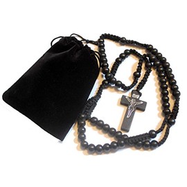 Men Women Black Wood Corded Rosary Beads Catholic Necklace Cross & FREE Velvet Gift Pouch Unisex Suitable for New Drivers Car rosary good luck Confirmation Communion Christmas Lent Easter Birthdays