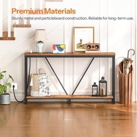 HOOBRO 63" Console Table with Charging Station, 2-Tier Extra Long Sofa Table with V-Brace, for Narrow Space, Entryway Table for Entryway, Hallway, Living Room, Rustic Brown BF166UXG01