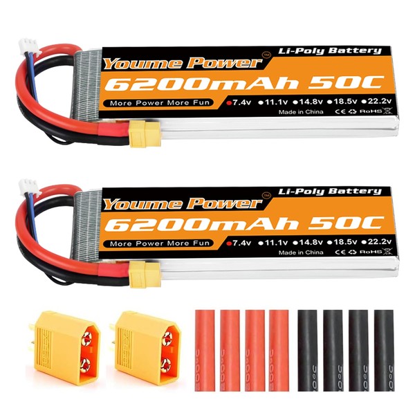 2packs RC Battery,2s Lipo Battery 7.4V 6200mah 50C Hard Case with Tr Plug for 1/10 and 1/8 Scale RC Buggy/Car/Truck, Boat, Heli and Drone