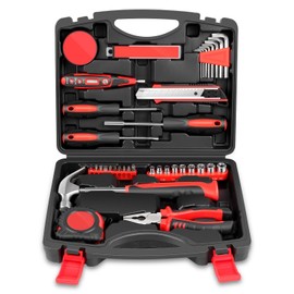 Auto Dynasty 46 Pcs Hand Tool Kit Set General Repair Household Universal Home Tool Kit for Home Household Office Garden Warehouse with Carrying Case, Red