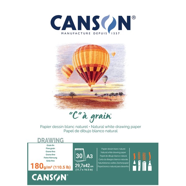 CANSON "C" à Grain, 30 Sheets of Drawing Paper, Fine Grit, A3, 180 g/m², Natural White