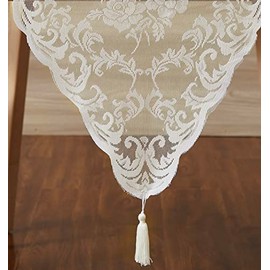 LinenZone Camino de Mesa Marfil con 2 Borlas para Decoración Rústica Vintage. El Camino de Mesa de Encaje Funciona Perfectamente como Decoración de Boda, Acción de Gracias, Navidad (Mia 14 x 48