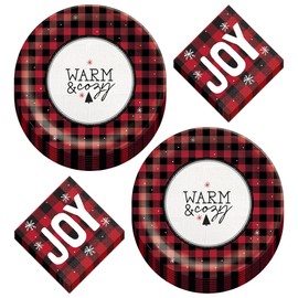 Live It Up! Party Supplies Red & Black Buffalo Plaid Warm and Cozy Happy Holidays Paper Dinner Plates With Lunch Napkins (Serves 16) - Christmas and Holiday Paper Tableware