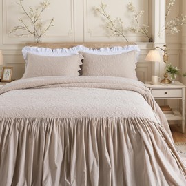 Brandream Queen Size Bedspread 100% Cotton Set Khaki Cottage Farmhouse Coverlet Set Vintage Floral Vine Bedding Oversized Bedspread Set 3-Piece