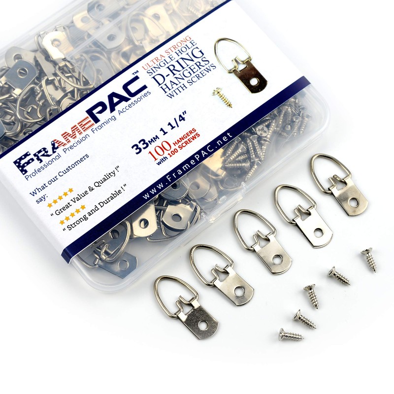 FramePac D Ring Picture Hangers with Screws - 100 Pack