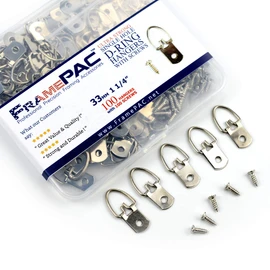 FramePac D Ring Picture Hangers with Screws - 100 Pack - Bulk D Rings - Pro Quality Hangers - Picture Hanging Solutions