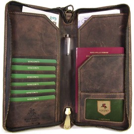 Visconti Wing Unisex Hunter Leather Travel Wallet for Passport ID Currency Card Pen Boarding Pass RFID Security Detachable Wrist Strap Style 728 (Oil Brown)