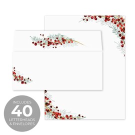 Pine And Berry Holiday Letterhead With Envelopes / 40 Decorative Sheets With Matching Full Color Envelopes / 8.5" x 11" Watercolor Christmas Evergreen Design/Festive Winter Stationery Paper