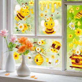 Whaline 90Pcs Bee Window Clings Daisy Honeycomb Honey Bee Kind Window Stickers Removable Watercolor Spring Summer Decals for Home Shop Party Glass Decor, 7.9 x 11.8 Inch, 9 Sheet