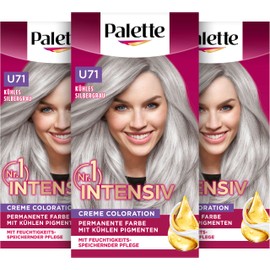 Palette Intensive Cream Colouration U71 Cool Silver Grey (3 x 115 ml), Permanent Hair Colour for Bright, Long-Lasting Colour Brilliance & 100% Grey Coverage