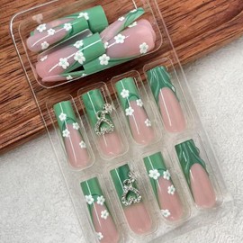 FNKFNK Green French Tip Press on Nails Long Square Fake Nails with 3D Designs Glossy Cute White Flowers Coffin Glue on Nails Reusable Silver Heart Charms False Nails for Women 24Pcs