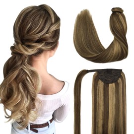 DOORES Hair Extensions Human Hair Ponytail Extensions Balayage Chocolate Brown Mixed Caramel Blonde 18 Inch 80g Clip In Human Hair Extensions Straight Wrap Around Ponytail Piece with Magic Paste