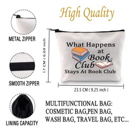 JXGZSO Book Lover Storage Bag What Happens at Book Club Stays At Book Club Zipper Pouch Gifts for Bookworm (What Happens at Book Club CA)