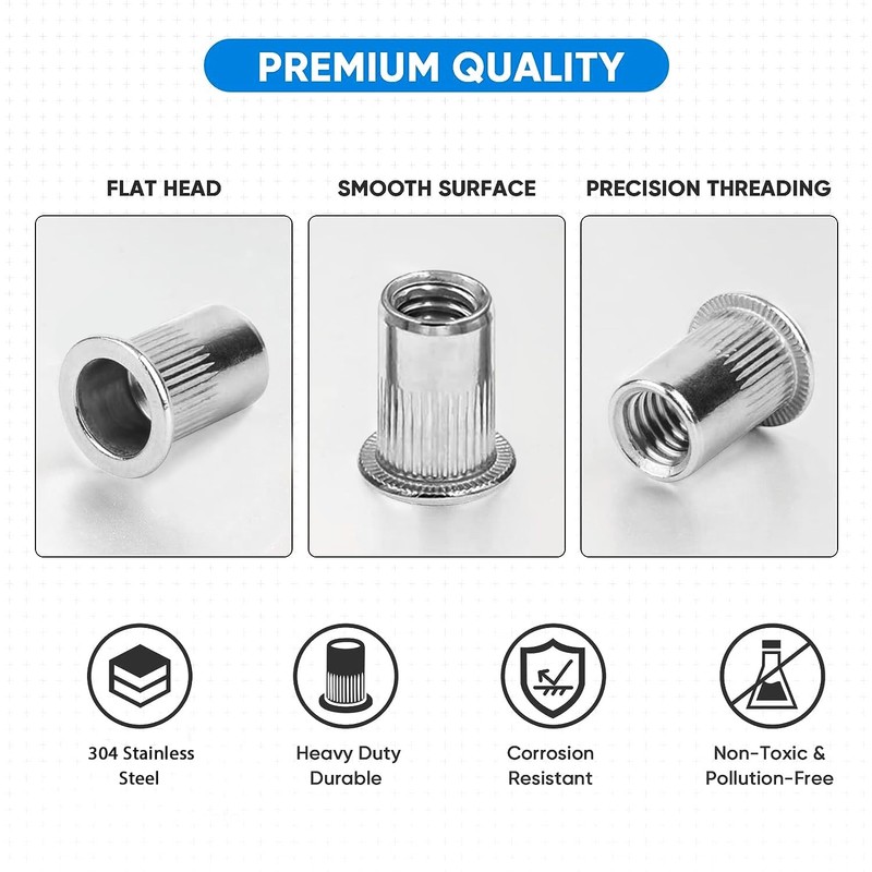 AKKTOL 200-PCS Rivet Nut Kit, Stainless Steel Rivnuts Kit, SAE