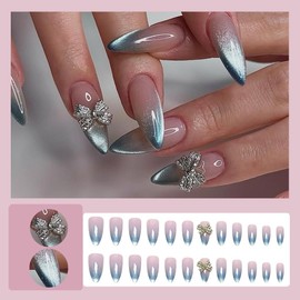 24 Pcs Press on Nails Short Almond Nail Tips,YEFIUO Cat's Eye French Fake Nails Press ons Glue on Nails Acrylic Nail Art Kit Full Cover Reusable False Nails with Bow Rhinestones Design for Ma'am