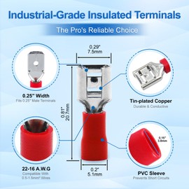 Baomain 1/4" Female Quick Disconnect Spade Terminals,Insulated Crimp Connectors 22-16 AWG 6.3mm (0.25 inch),Red, (100-Pack)