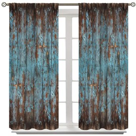Yoakiet Retro Wooden Blackout Curtains, Rustic Farmhouse Vintage Brown Blue Plank Texture Prints Blackout Rod Pocket Window Treatments Drapes for Bedroom Living Room Kitchen42x45in
