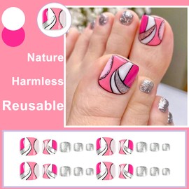 Pack of 24 False Toenails for Sticking, Artificial Toenails, Short Silver Shiny Press on French Toenails, Geometry Full Cover Stick on Toenails for Women and Girls