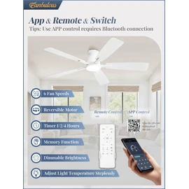 Fanbulous 52 inch Ceiling Fans with Lights, Smart Flush Mount Ceiling Fan and Remote APP, Modern Low Profile, 3CCT 20W LED with 6-Speeds Quiet Reversible Motor for Bedroom, Living Room, Kitchen, White
