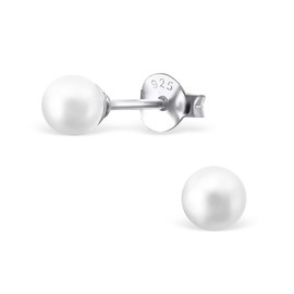 Bungsa Stud Earrings Small White Pearl 4 mm .925 Sterling Silver (Earrings Real Jewellery Studs Earrings Women Men), Silver, Created Cubic Zirconia