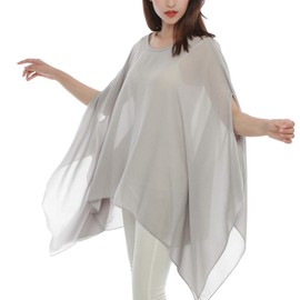 Max Hsuan Women's Loose Solid Sheer Chiffon Caftan Poncho Batwing Tunic Top Blouse Summer Oversized Shirts Grey