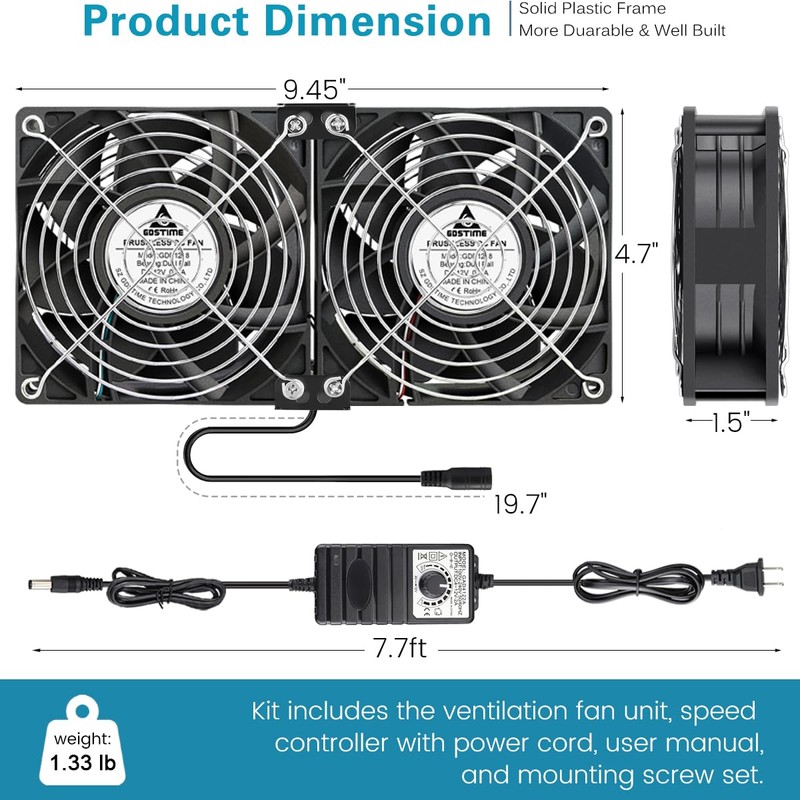 GDSTIME Dual 120mm x 38mm Computer Fan with AC Plug,