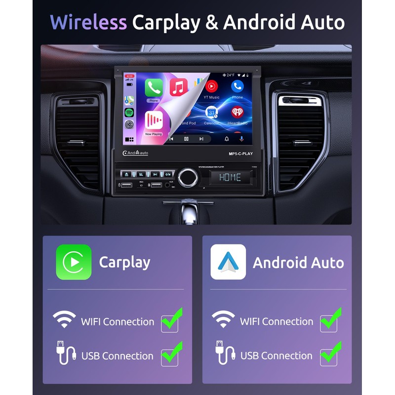 [Motorized] Single Din Touchscreen Car Stereo with Wireless Carplay Android