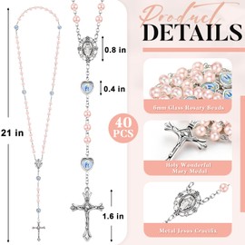 ROCEEI 20 Pcs Catholic Glass Pearl Beads Rosary Necklace 6 mm Beaded Cross Necklace with Crucifix and Rosary for Women (Pink)