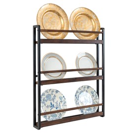 MyGift 3-Tier Wall Mounted Plate Display Rack – Industrial Matte Black Metal & Dark Burnt Wood Storage for 6-10 Inch Plates, Decorative Plate Holder for Kitchen or Dining Room