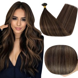 Full Shine U Tip Hair Extensions for Women Color #2/8/2 Darkest Brown Highlighted Ash Brown Hair Extensions Balayage 50 Strands 20 Inch Real Human Hair Extensions Nails Tip
