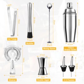 talifoca Cocktail Shaker Set, 8 Pieces Stainless Steel Cocktail Mix Set, 750 ml Cocktail Set, Stainless Steel Shaker Mixer, Professional Bartender Accessories, for Home, Bar, Party