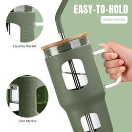 WINSA 24 oz Glass Tumbler with Lid and Straw, Iced Coffee Cup with Handle, Glass Water Bottles with Time Marker, 2 Straws - Pearl Straw & Drinking Straw Silicone Protective Sleeve-Olive