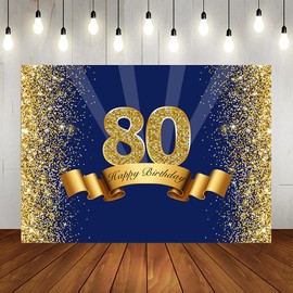 Lofaris Happy 80th Birthday Photography Backdrop for Adult Men Navy Blue and Glitter Gold Eighty Years Old Background Shiny 80th Anniversary Party Decorations Photo Booth Props 7x5ft