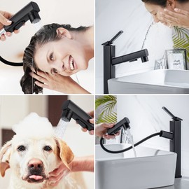 HANLIAN Single Handle Pull Out Bathroom Vessel Sink Faucet with Rotating Spout, Modern Single Hole Tall Bathroom Faucet with Pull Down Sprayer, One Hole High Bathroom Sink Faucet Black with 3 Modes