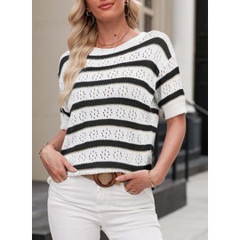 EVALESS Short Sleeve Sweater for Women Crewneck Casual Pullover Knit Tops Ladies Cute Striped Color Block Sweaters Womens Summer Outfits 2025 Fashion Spring Fall Clothes Black X-Large