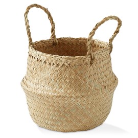 Casafield Seagrass Belly Storage Basket Planter with Handles - Small, Natural Woven Wicker Indoor Plant Pot Cover for Plants and Trees