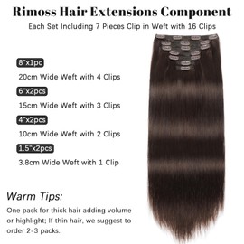 Rimoss Clip in Hair Extensions Real Human Hair - Dark Brown, 140g 16 Inch 7pcs - Soft Hair Extensions Real Human Hair Clip ins Straight for Women (#2 16 Inch)